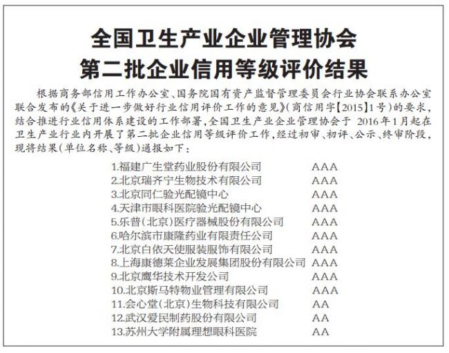 健康报刊登全国卫生产业企业管理协会第二批企业信用等级评价结果